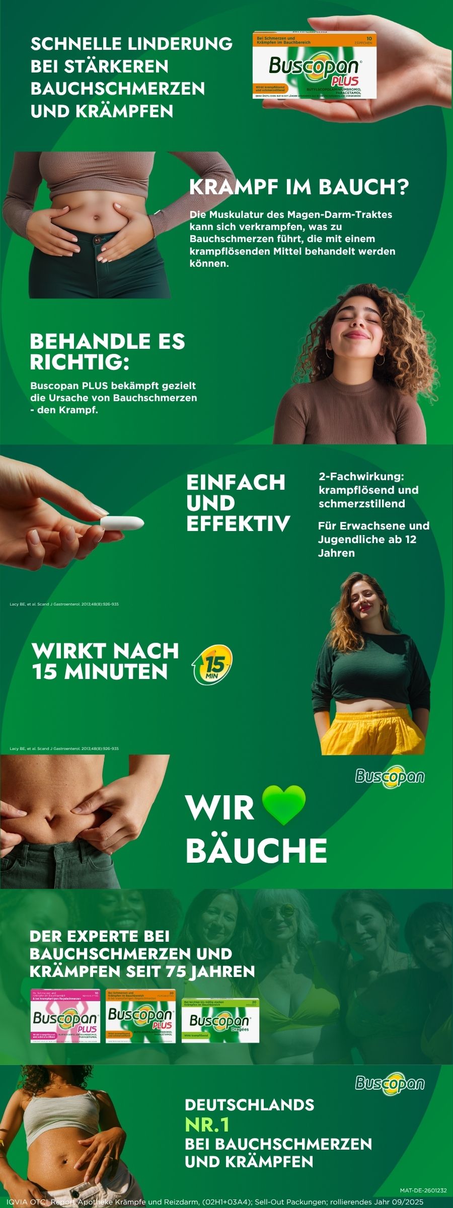 Collage mit verschiedenen Bildern von Buscopan Plus. Text: Schnelle Linderung, Krampf im Bauch, etc.